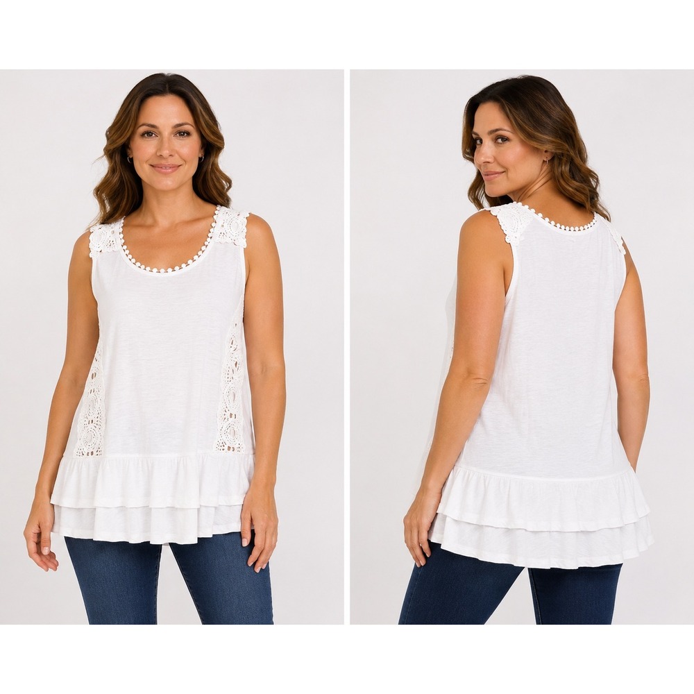 Fever White Sleeveless Crochet Lace Trim Pom Pom Ruffle Hem Slub Knit Top Large